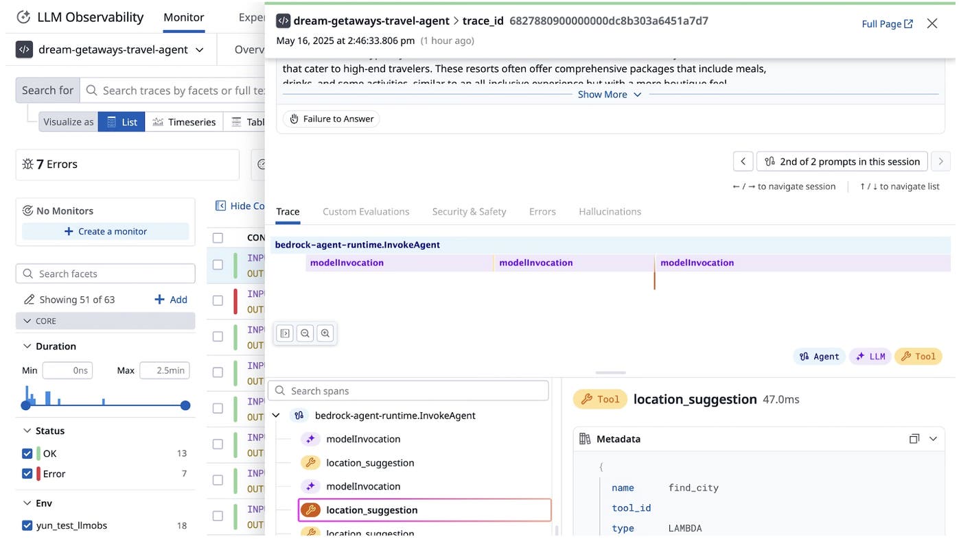 A trace in LLM Observability. A trace in LLM Observability.