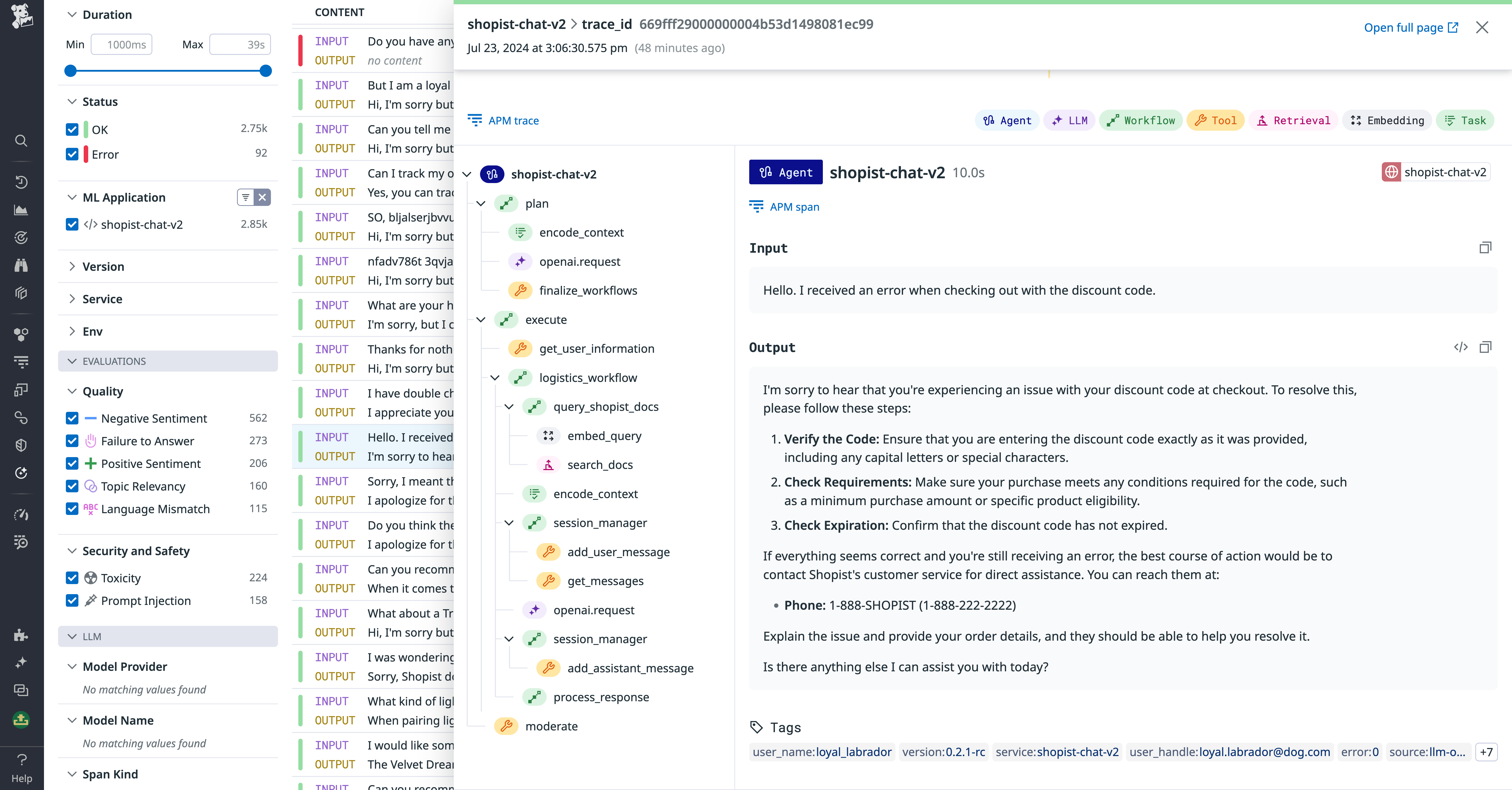 LLM trace data shown in Datadog LLM Observabilty