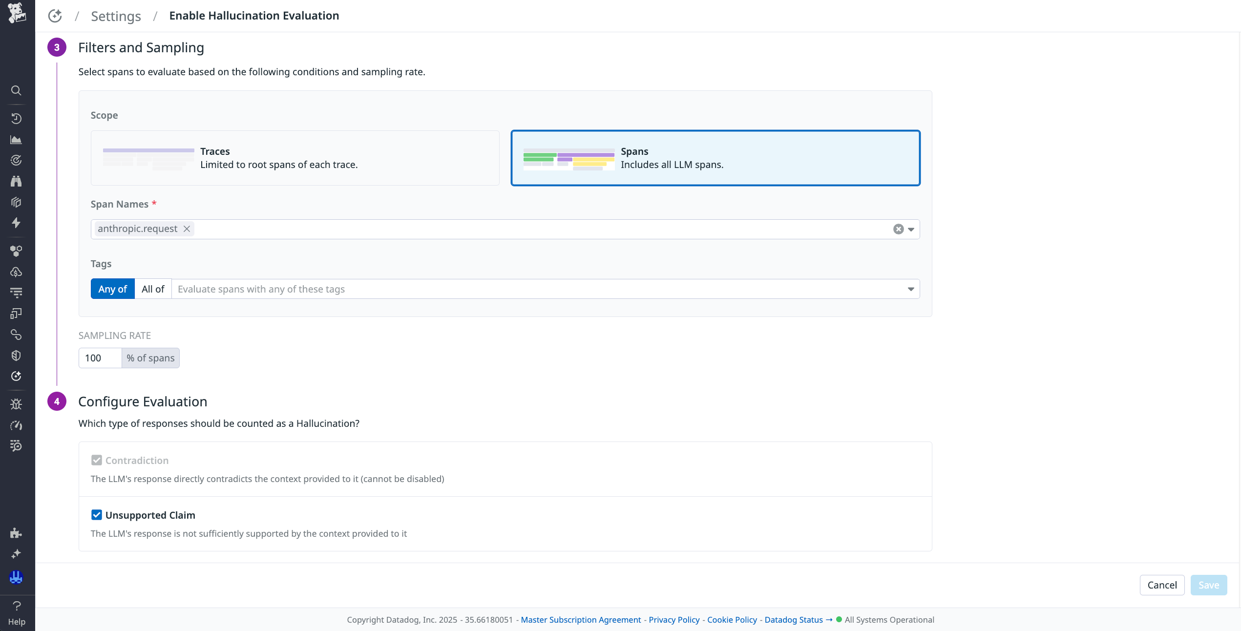 Screen where you can configure Contradictions and Unsupported Claims to be detected as hallucinations.