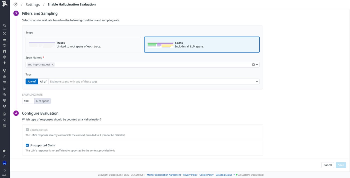Screen where you can configure Contradictions and Unsupported Claims to be detected as hallucinations. Screen where you can configure Contradictions and Unsupported Claims to be detected as hallucinations.