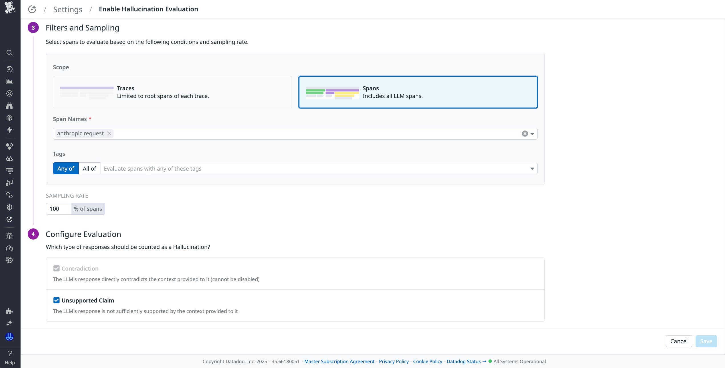 Screen where you can configure Contradictions and Unsupported Claims to be detected as hallucinations. Screen where you can configure Contradictions and Unsupported Claims to be detected as hallucinations.