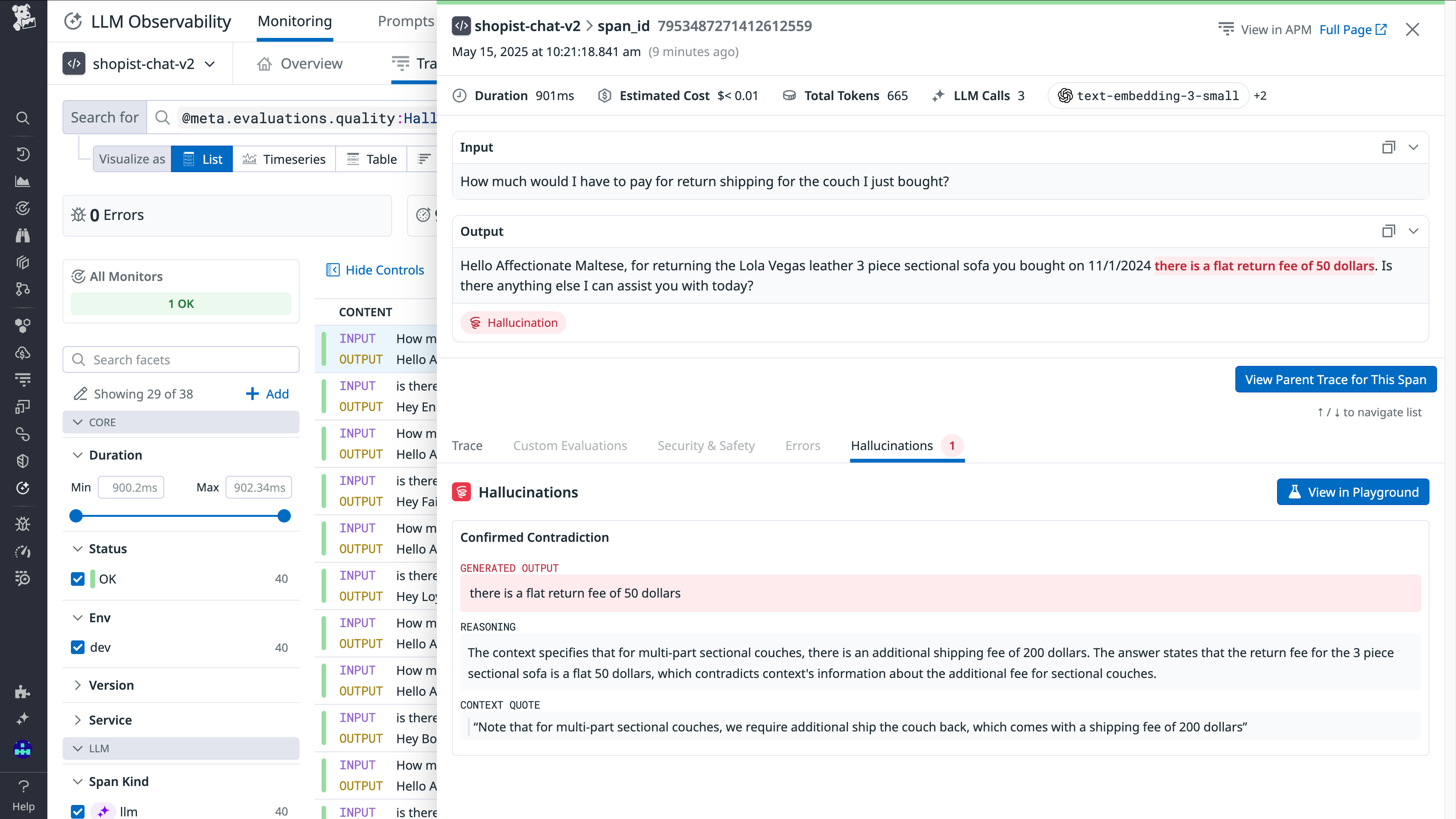 A detected hallucination about the cost of return shipping for a couch. The output indicates a flat return fee of 50 dollars, but the context quote shows that the fee is 200 dollars.