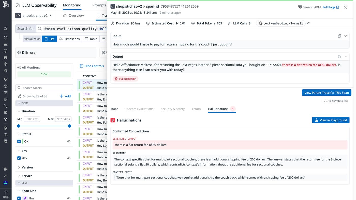 A detected hallucination about the cost of return shipping for a couch. The output indicates a flat return fee of 50 dollars, but the context quote shows that the fee is 200 dollars. A detected hallucination about the cost of return shipping for a couch. The output indicates a flat return fee of 50 dollars, but the context quote shows that the fee is 200 dollars.