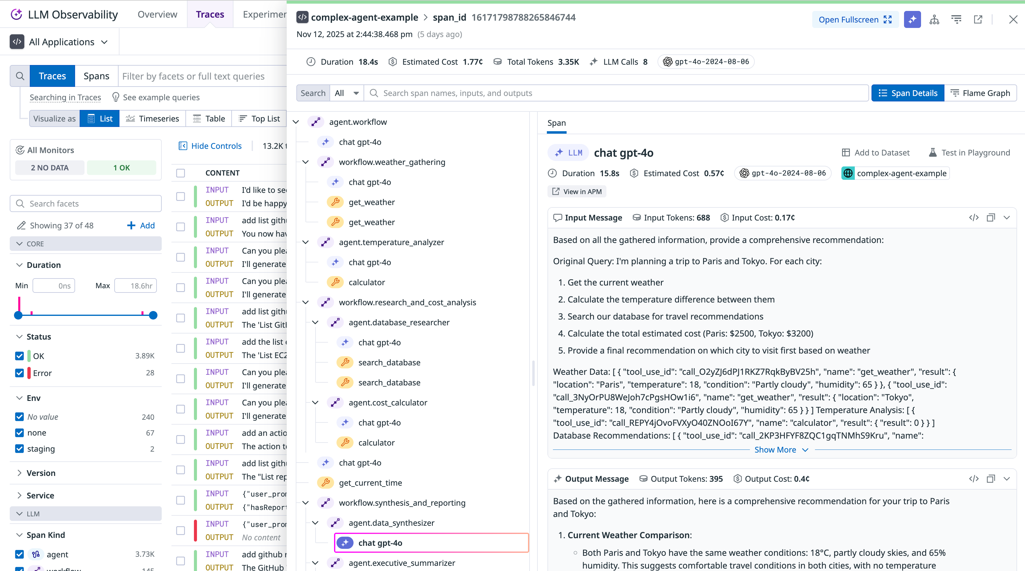 A screenshot showing a trace for a complex agent using OTel GenAI Semantic Conventions.