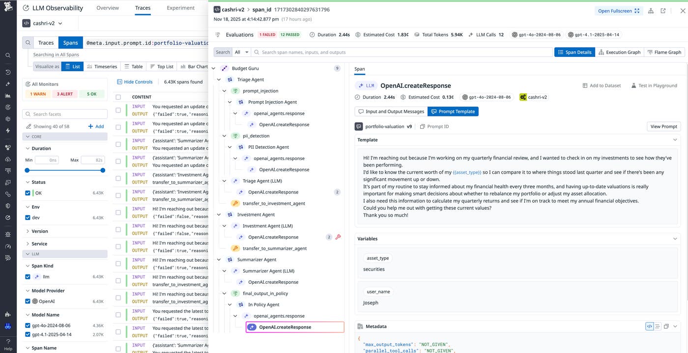 A trace view showing span details for the OpenAI.createResponse step, including the prompt template, variables, and associated metadata. A trace view showing span details for the OpenAI.createResponse step, including the prompt template, variables, and associated metadata.