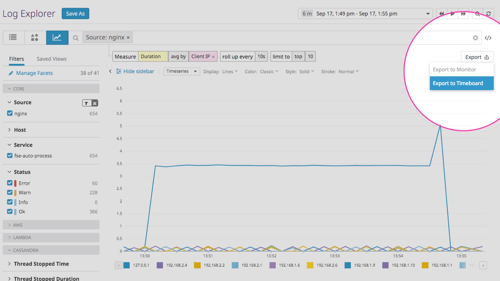 Export any log analytics graph to your Datadog dashboards. Export any log analytics graph to your Datadog dashboards.