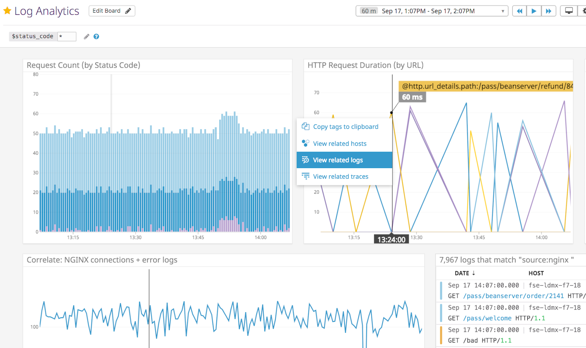 Click through from any timeseries graph to view related logs in Datadog.