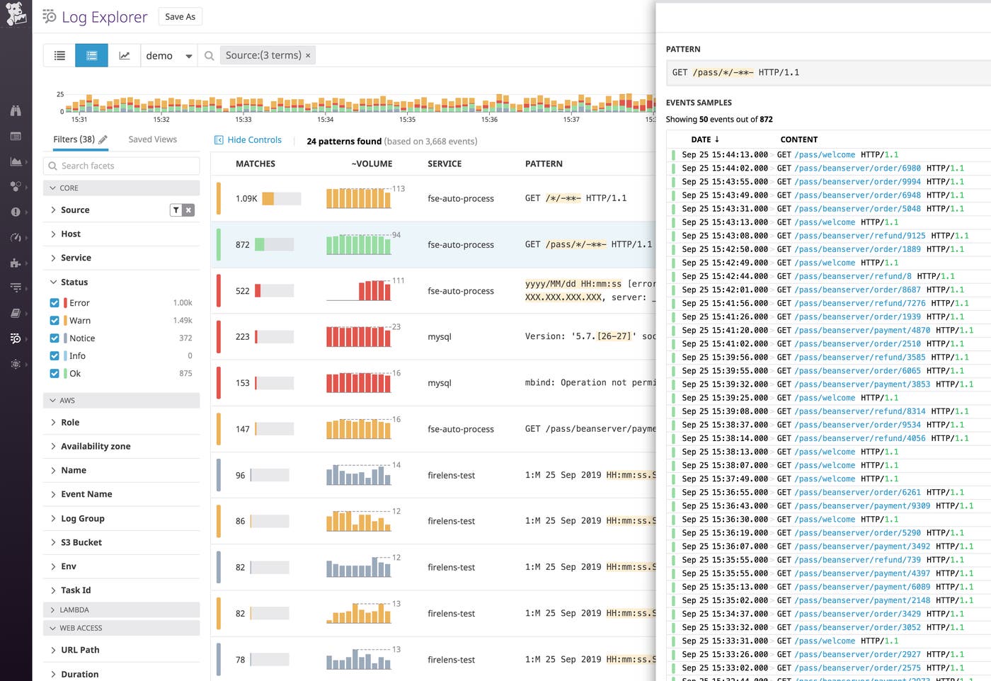 Use the pattern view to group log patterns and surface high-volume log types. Use the pattern view to group log patterns and surface high-volume log types.