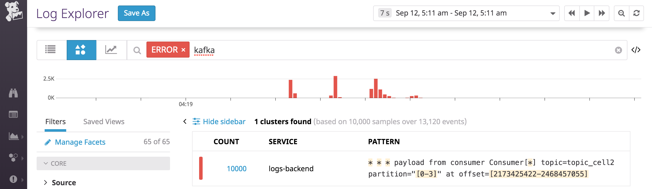 datadog log patterns show that error logs are limited to a single topic