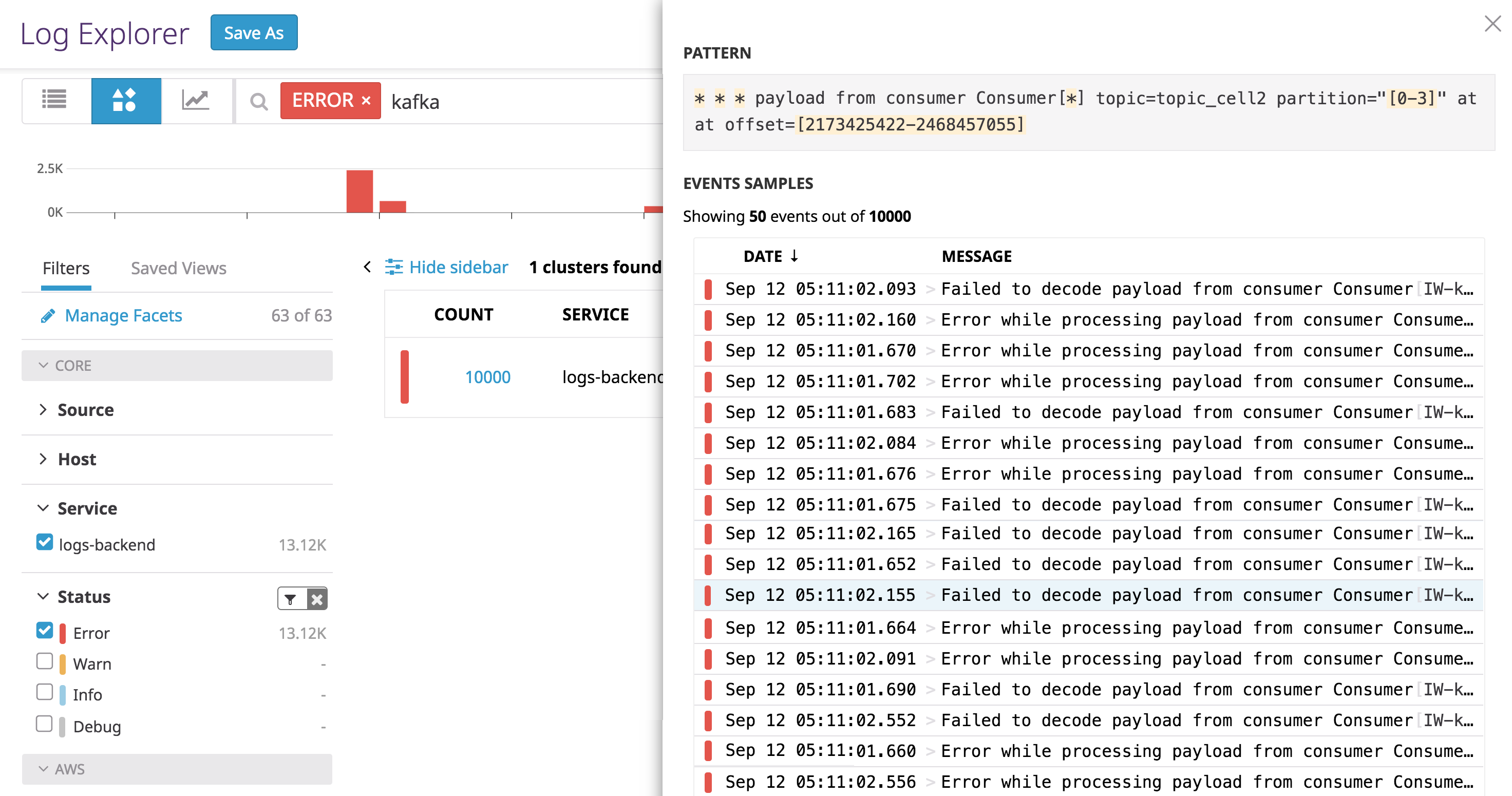 datadog log patterns show that error logs are limited to a single topic