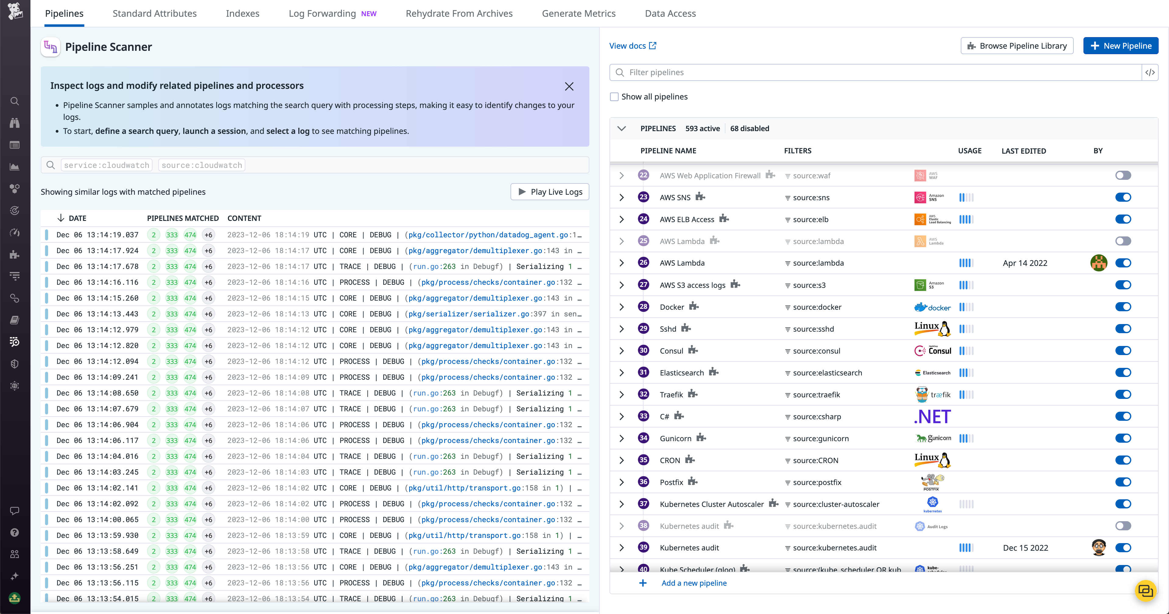 You can pivot directly from a log side panel to the Log Pipeline Scanner to see a live tail of similar logs alongside your team’s log pipelines.