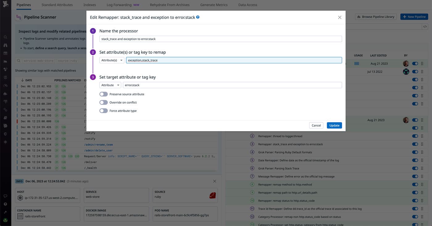 You can open a processor step directly within the Log Pipeline Scanner to see how it’s changing the logs and edit its behavior from the same view. You can open a processor step directly within the Log Pipeline Scanner to see how it’s changing the logs and edit its behavior from the same view.