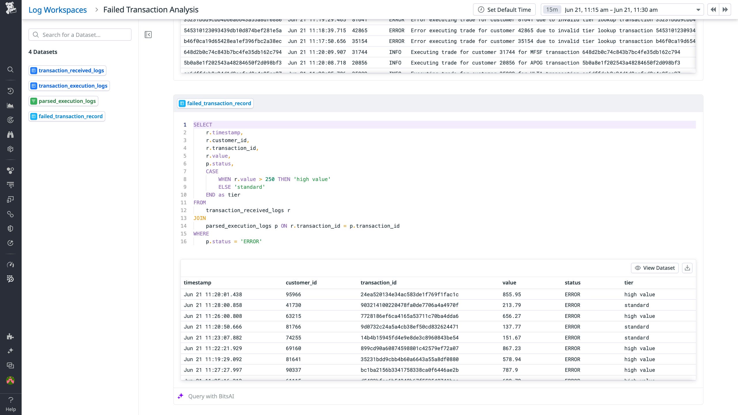 Analyzing log data in depth by querying bespoke datasets using SQL. Analyzing log data in depth by querying bespoke datasets using SQL.