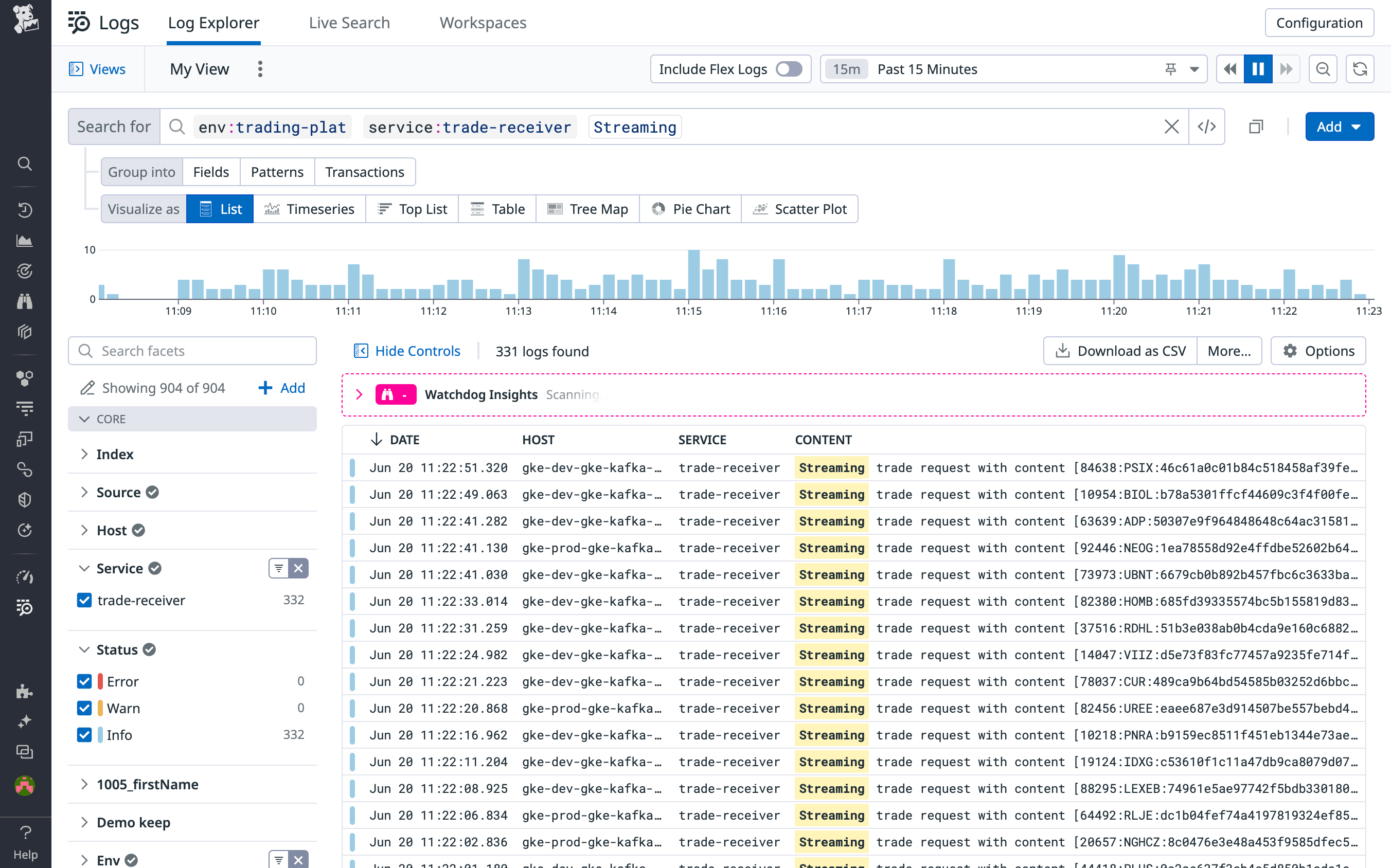 Using the Log Explorer to obtain a record of streaming events from a microservice.