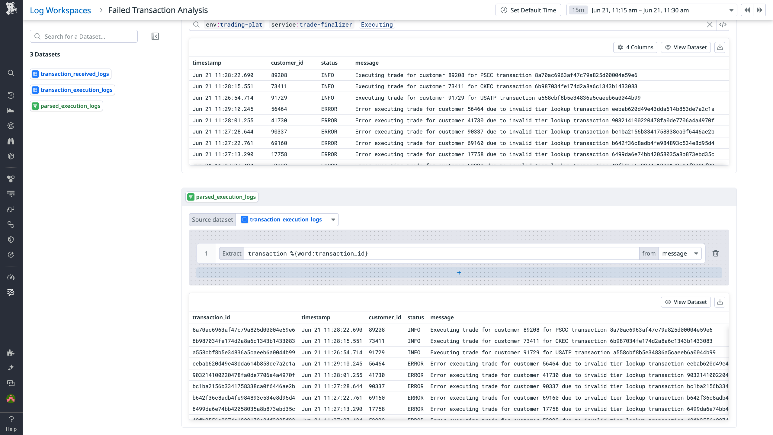 Using a transformation to add structure to log data by extracting variables from messages.