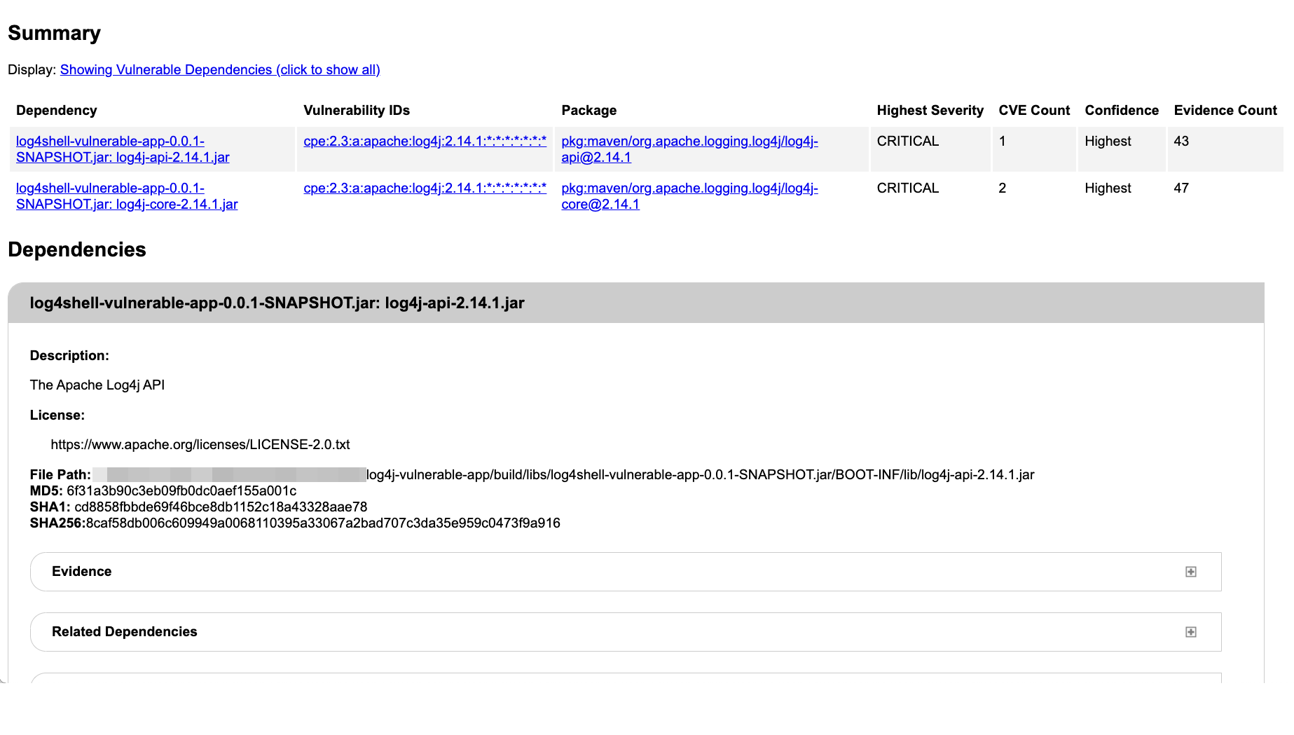 Using OWASP DependencyCheck to identify a vulnerable Log4j dependency