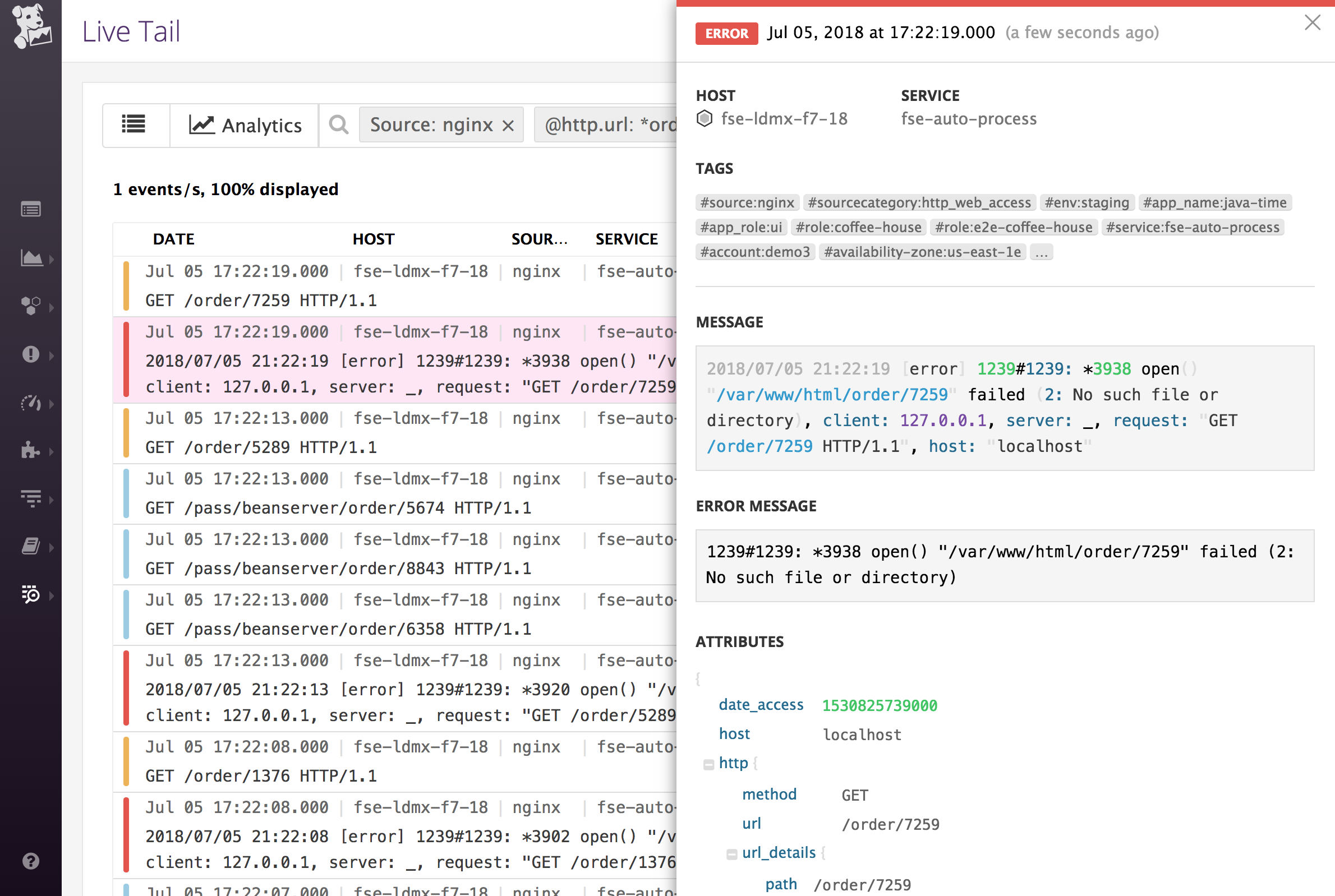 Inspecting a log in Live Tail