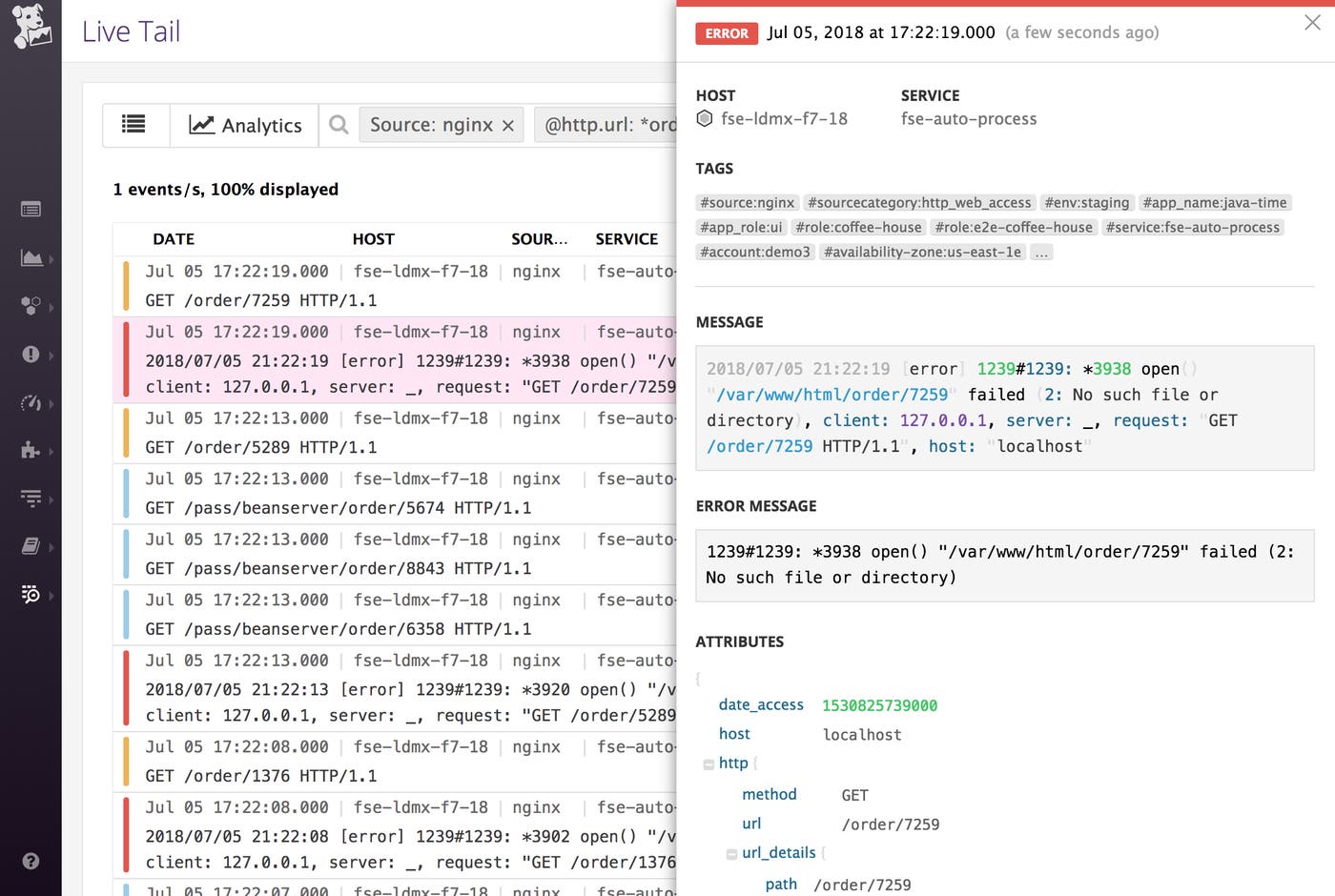 Inspecting a log in Live Tail Inspecting a log in Live Tail