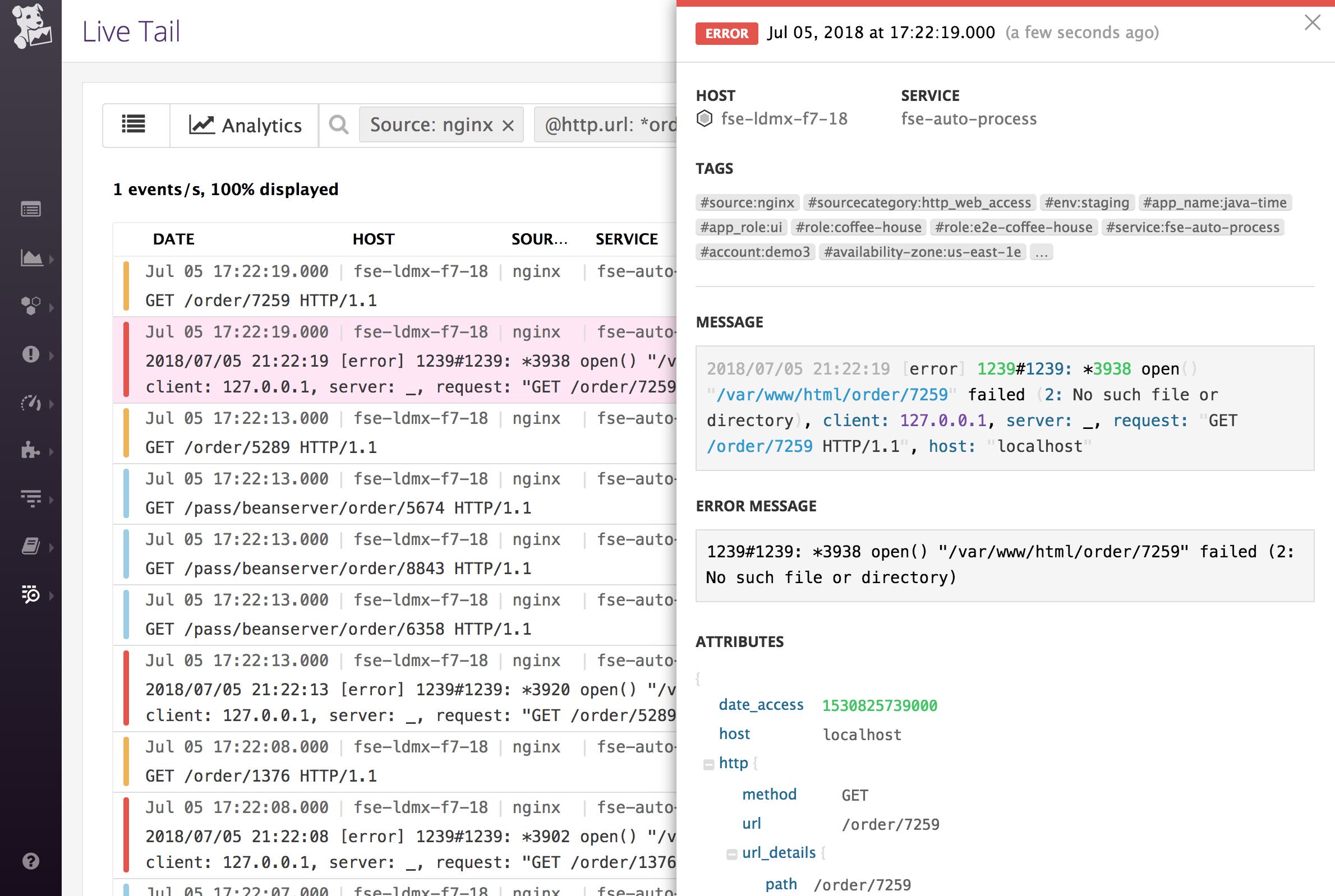 Inspecting a log in Live Tail Inspecting a log in Live Tail