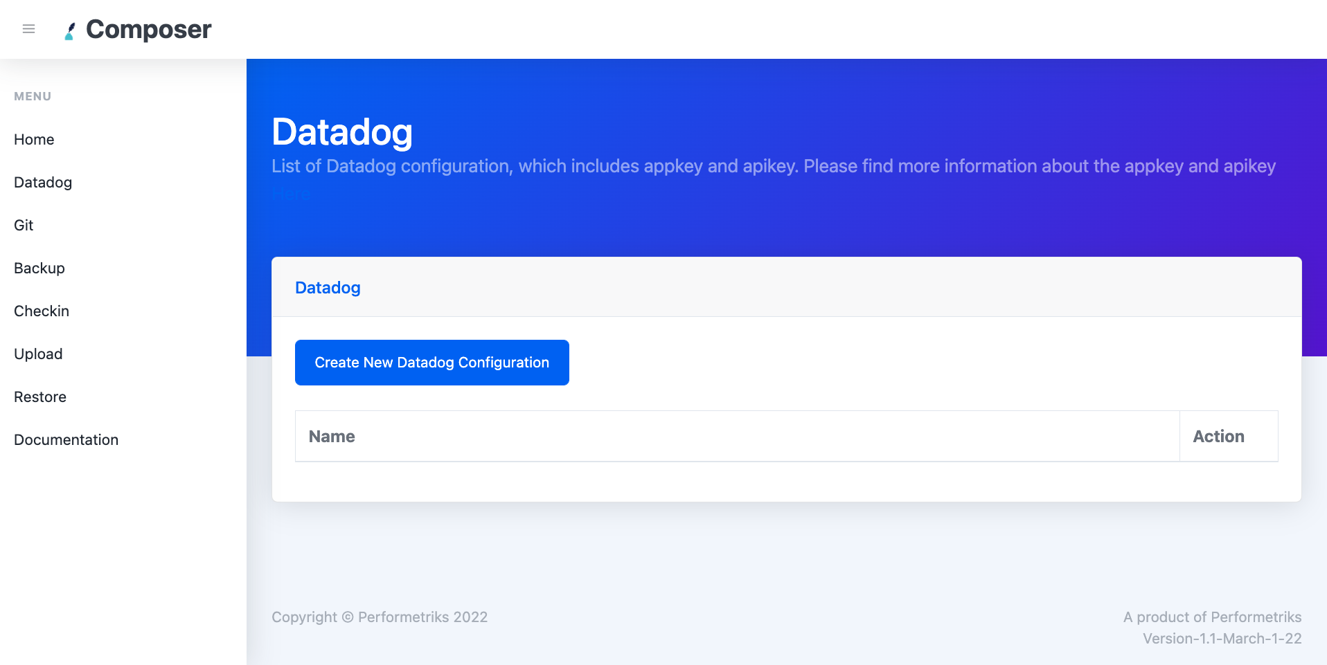 Performetriks Composer for Datadog main screen with Create New Configuration button.