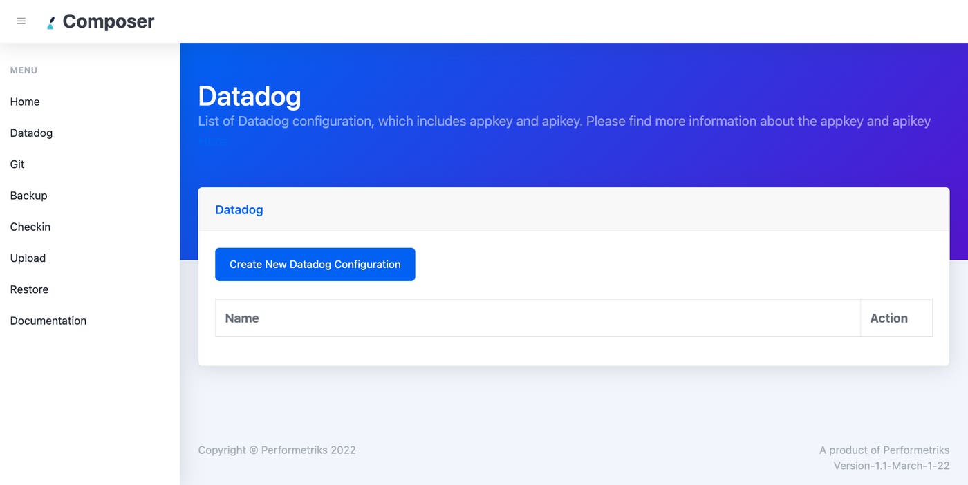 Performetriks Composer for Datadog main screen with Create New Configuration button. Performetriks Composer for Datadog main screen with Create New Configuration button.