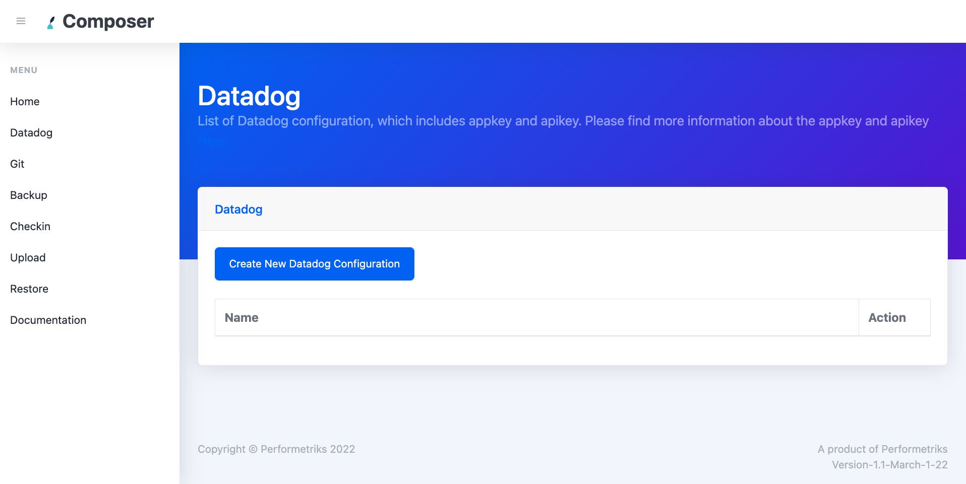Performetriks Composer for Datadog main screen with Create New Configuration button. Performetriks Composer for Datadog main screen with Create New Configuration button.