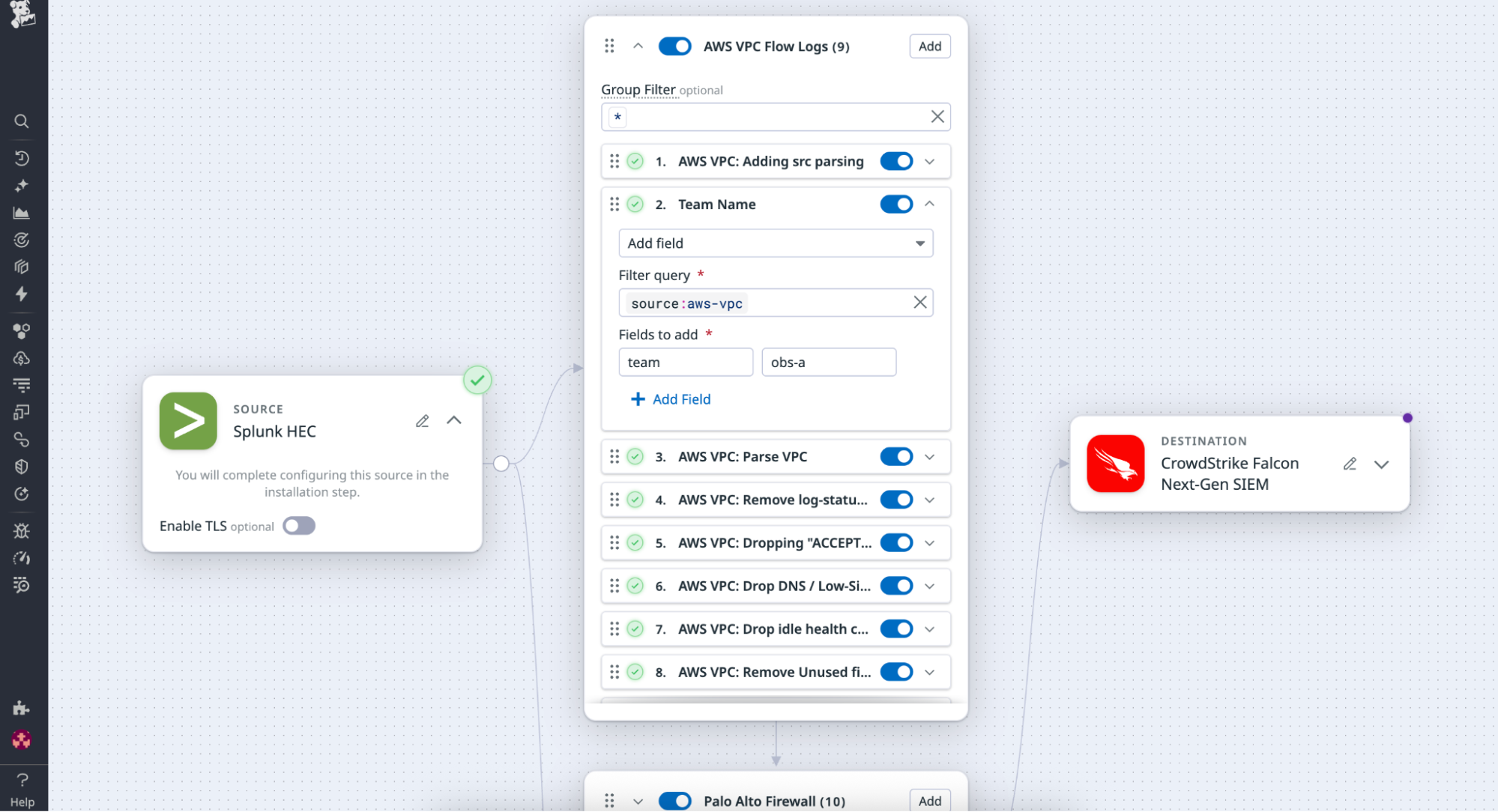 A screenshot adding enrichment processors to tag logs with metadata such as ownership, environment, or compliance classification.