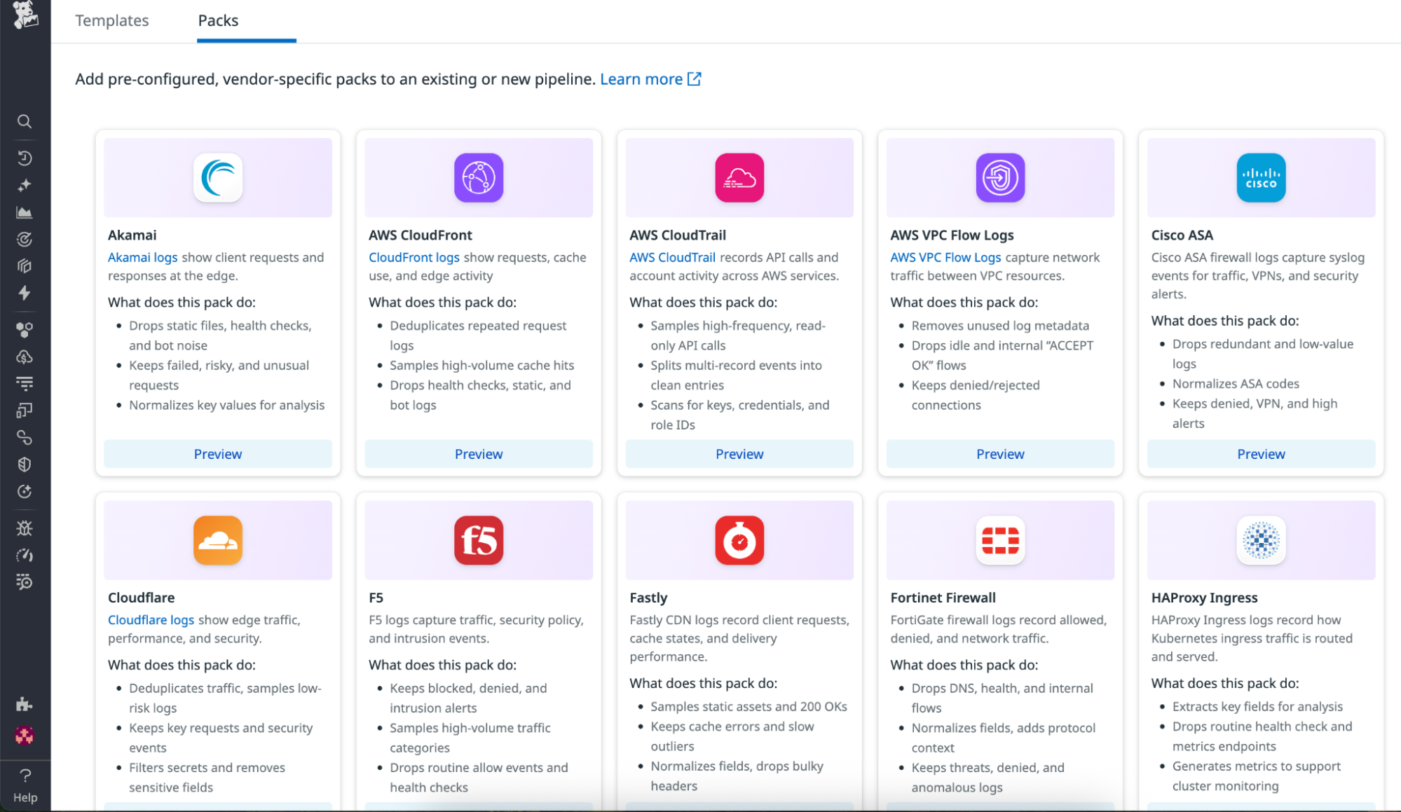 A screenshot of the Datadog Packs catalog showing a selectionof pre-configured, vendor-specific pack you can add to an existing or new Observability Pipeline.