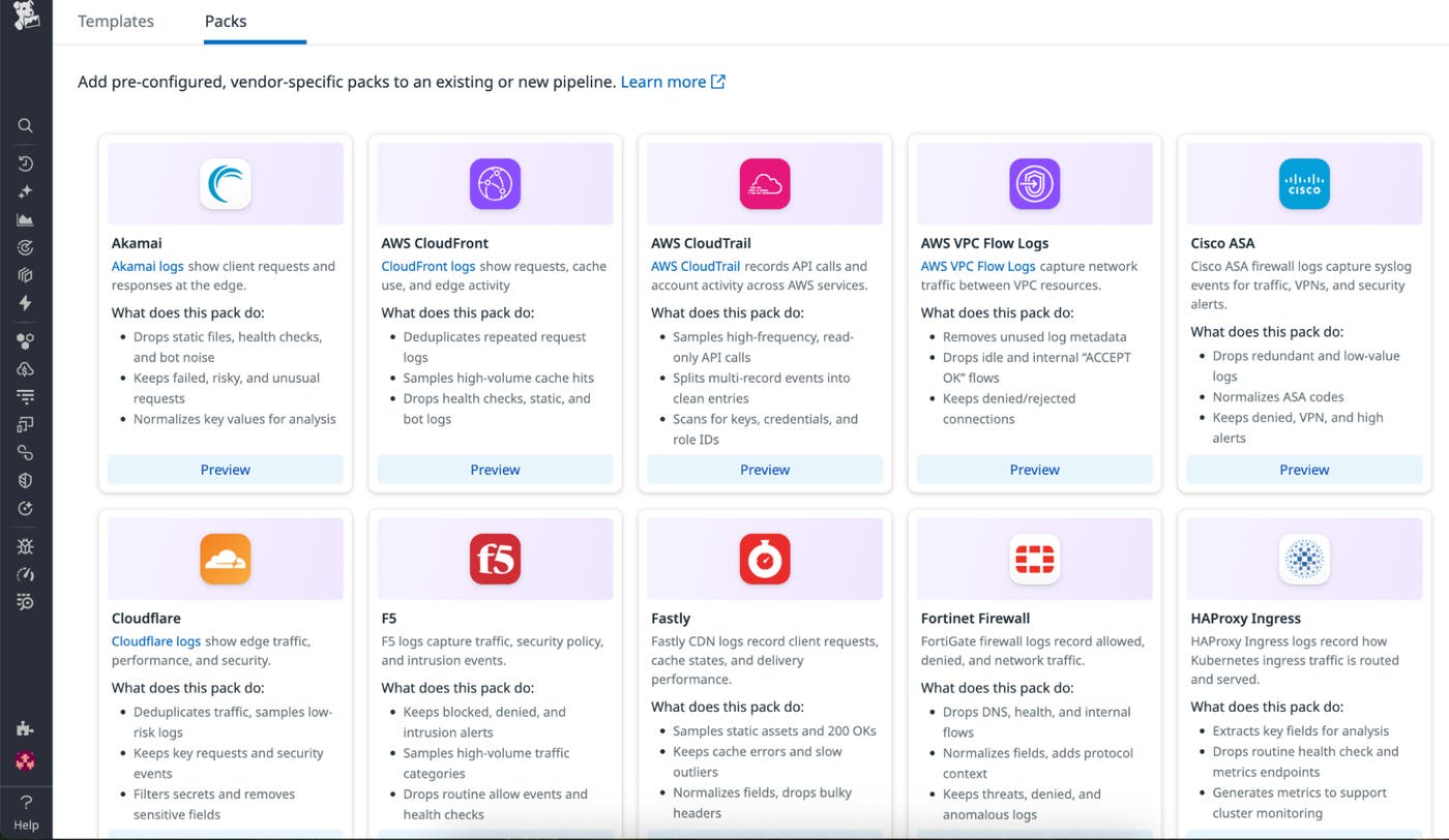 A screenshot of the Datadog Packs catalog showing a selectionof pre-configured, vendor-specific pack you can add to an existing or new Observability Pipeline. A screenshot of the Datadog Packs catalog showing a selectionof pre-configured, vendor-specific pack you can add to an existing or new Observability Pipeline.