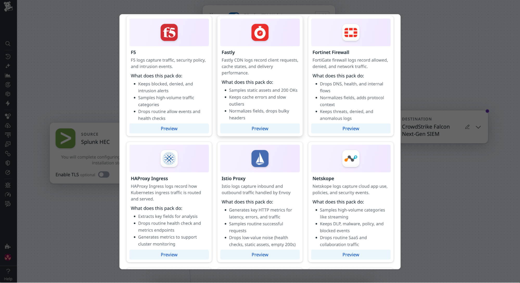 Screenshot showing how to open a list of prebuilt configurations for sources such as Cisco ASA, Palo Alto Firewall, and Okta.