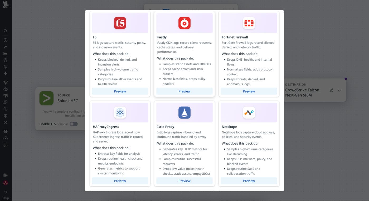 Screenshot showing how to open a list of prebuilt configurations for sources such as Cisco ASA, Palo Alto Firewall, and Okta. Screenshot showing how to open a list of prebuilt configurations for sources such as Cisco ASA, Palo Alto Firewall, and Okta.