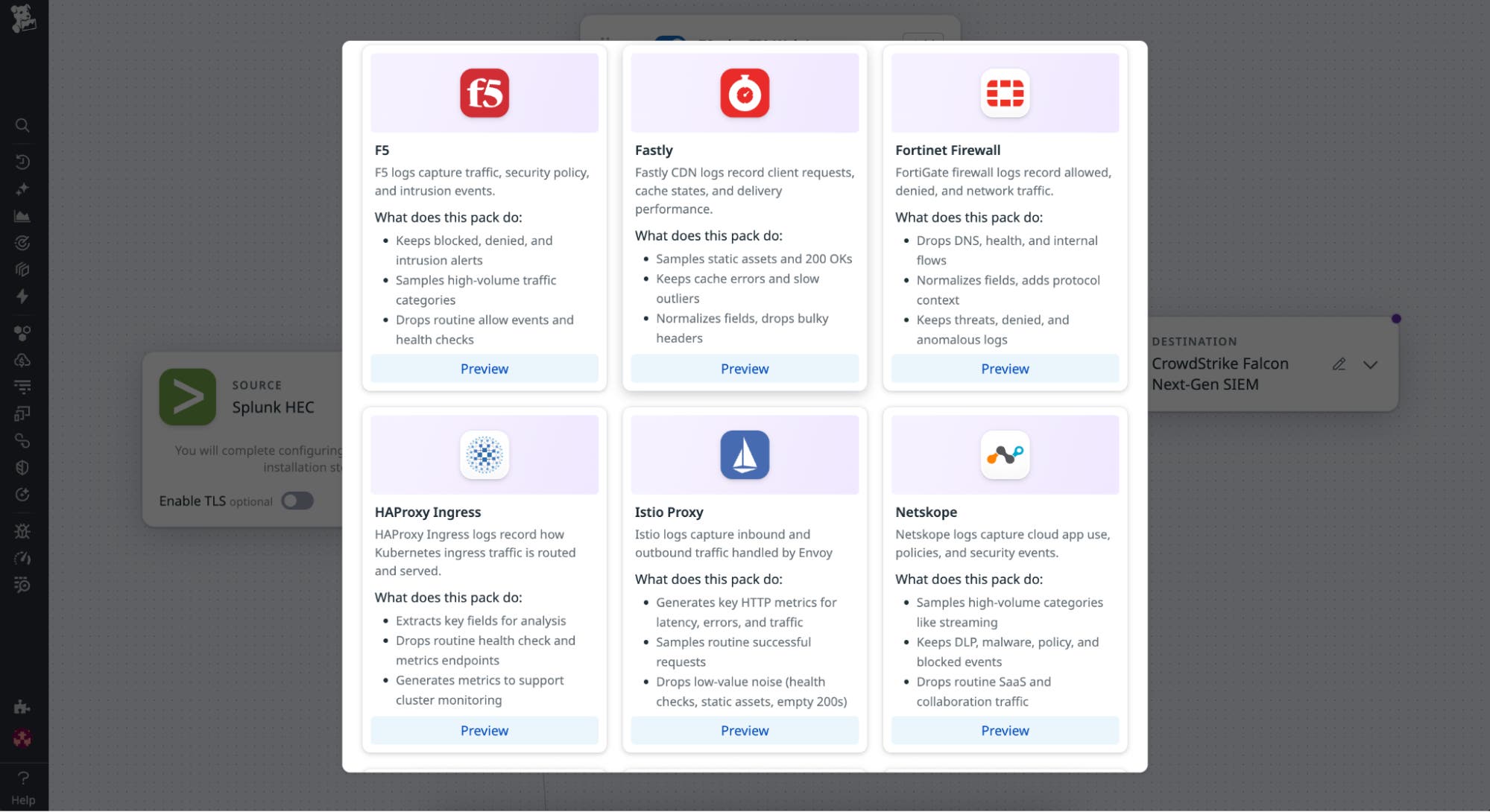 Screenshot showing how to open a list of prebuilt configurations for sources such as Cisco ASA, Palo Alto Firewall, and Okta. Screenshot showing how to open a list of prebuilt configurations for sources such as Cisco ASA, Palo Alto Firewall, and Okta.