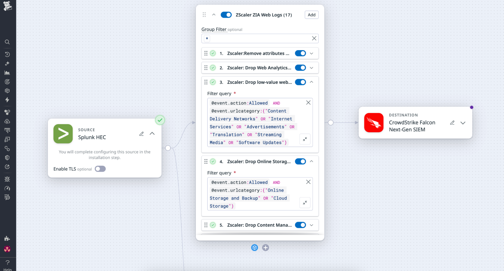 Screenshot showing how the Zscaler Web Logs Pack reduces ingestion by filtering out repetitive allowed requests and routine browsing activity while retaining blocked, suspicious, and unknown connections.