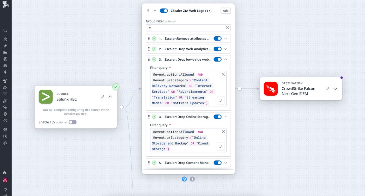 Screenshot showing how the Zscaler Web Logs Pack reduces ingestion by filtering out repetitive allowed requests and routine browsing activity while retaining blocked, suspicious, and unknown connections. Screenshot showing how the Zscaler Web Logs Pack reduces ingestion by filtering out repetitive allowed requests and routine browsing activity while retaining blocked, suspicious, and unknown connections.