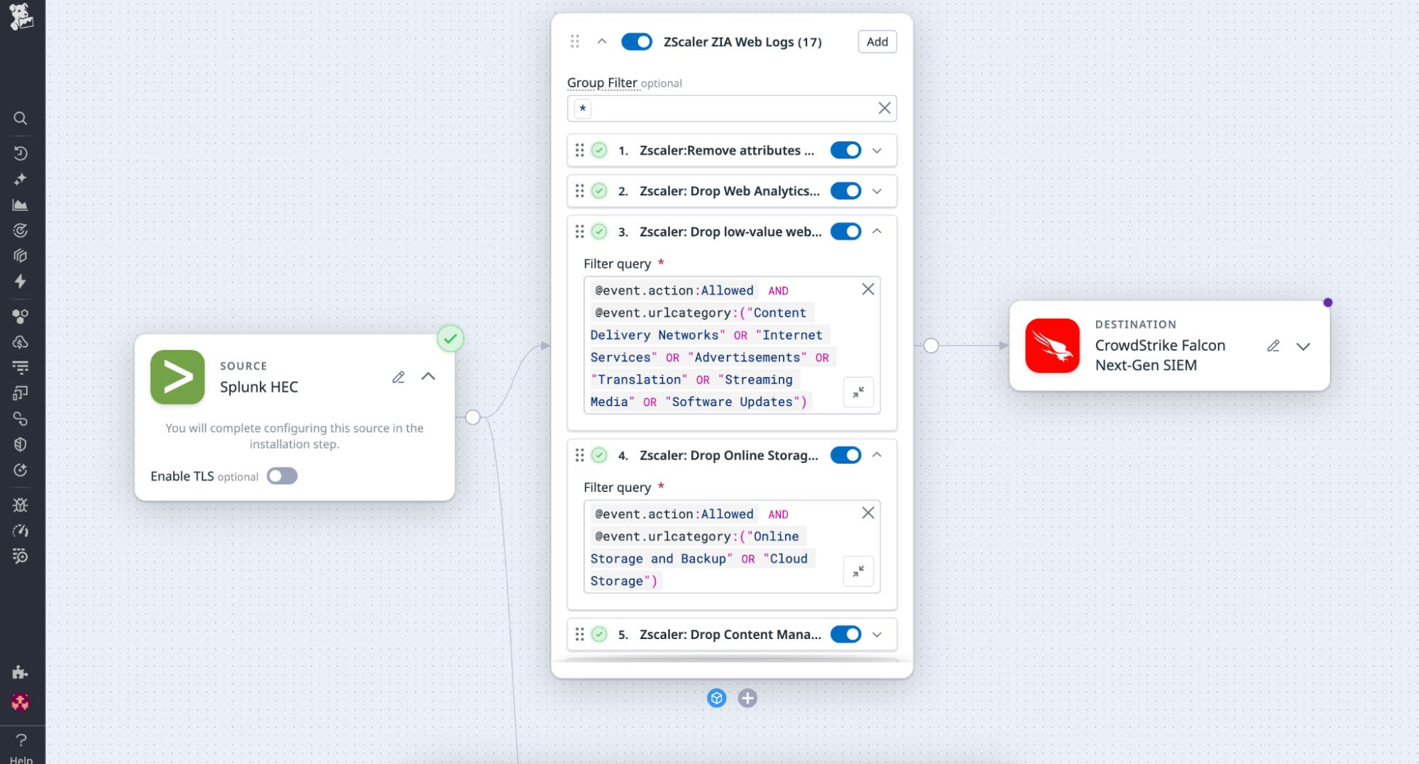 Screenshot showing how the Zscaler Web Logs Pack reduces ingestion by filtering out repetitive allowed requests and routine browsing activity while retaining blocked, suspicious, and unknown connections. Screenshot showing how the Zscaler Web Logs Pack reduces ingestion by filtering out repetitive allowed requests and routine browsing activity while retaining blocked, suspicious, and unknown connections.