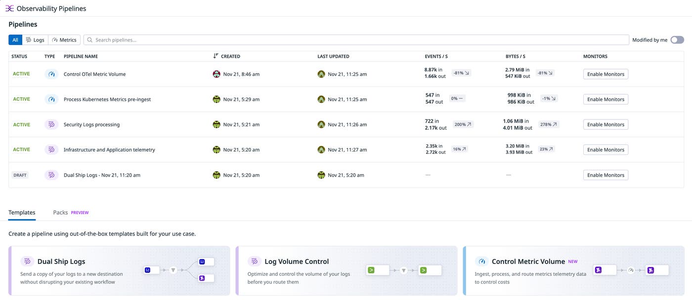 Observability Pipelines screen showing a unified pipeline for both logs and metrics. Observability Pipelines screen showing a unified pipeline for both logs and metrics.