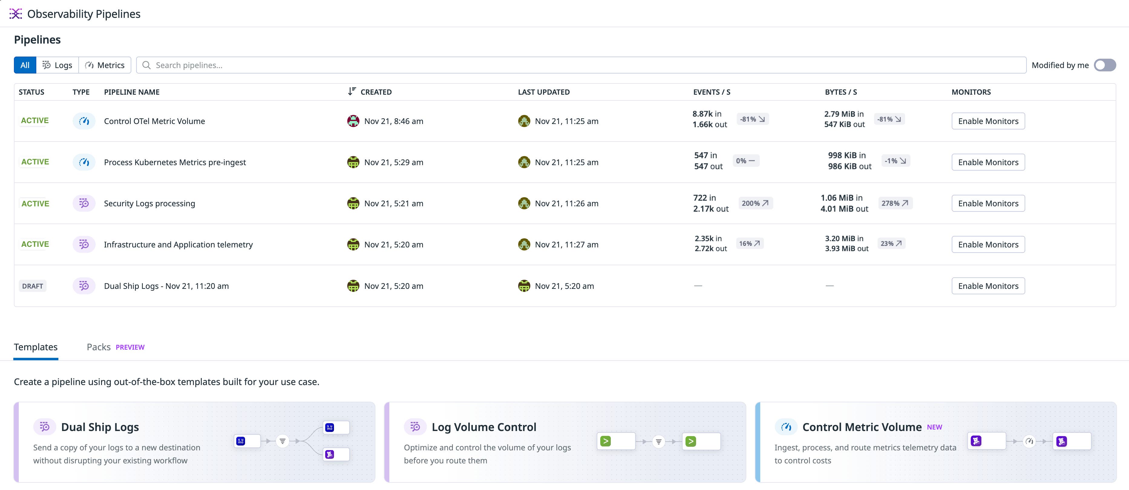 Observability Pipelines screen showing a unified pipeline for both logs and metrics. Observability Pipelines screen showing a unified pipeline for both logs and metrics.