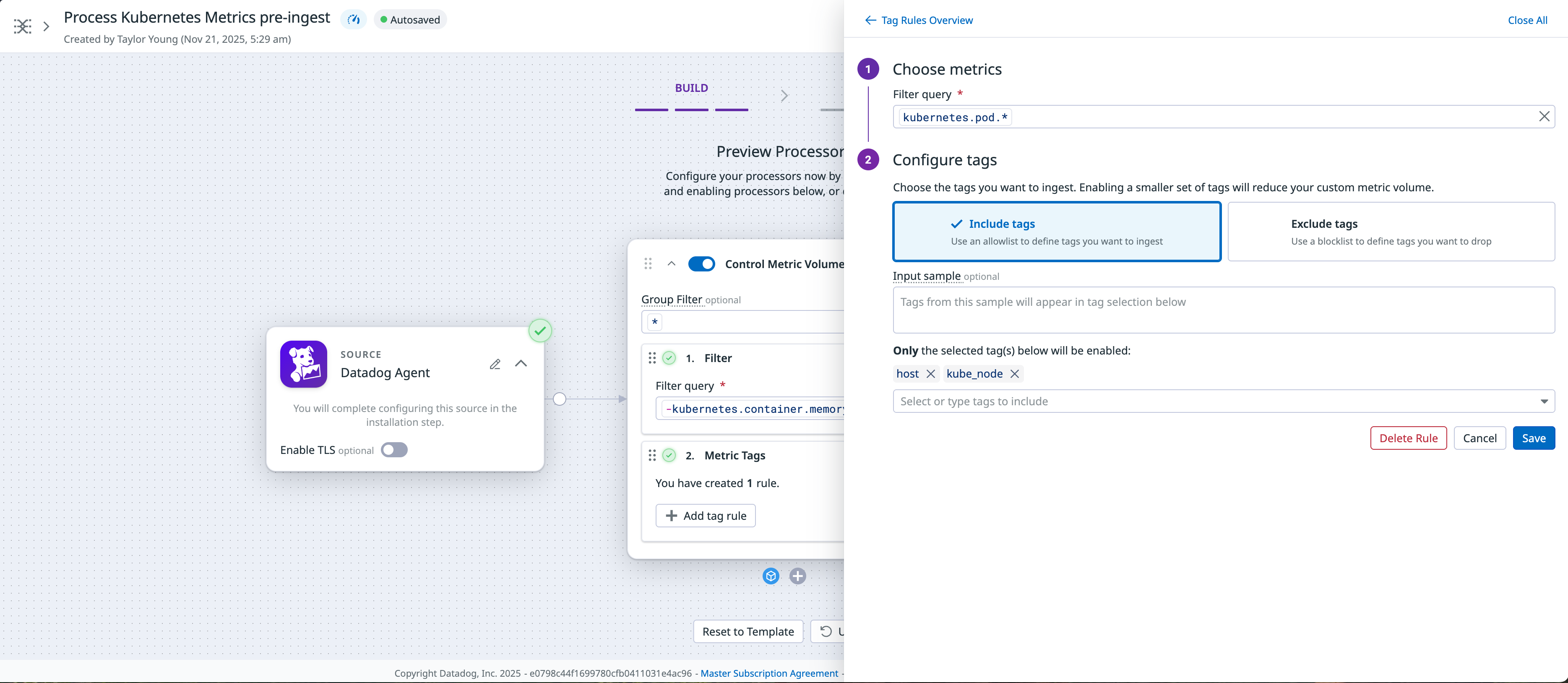 Example configuration of a tag inclusion list in Observability Pipelines for enforcing tag policies on metrics.