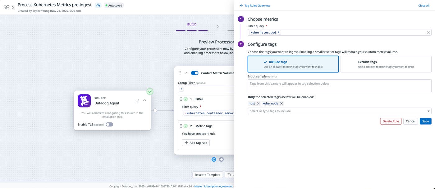 Example configuration of a tag inclusion list in Observability Pipelines for enforcing tag policies on metrics. Example configuration of a tag inclusion list in Observability Pipelines for enforcing tag policies on metrics.