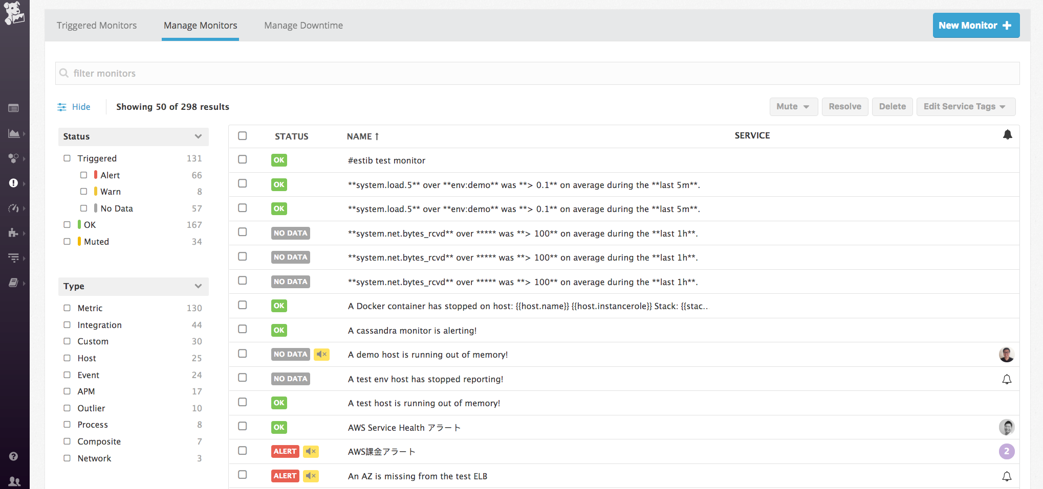 Manage monitors UI in Datadog