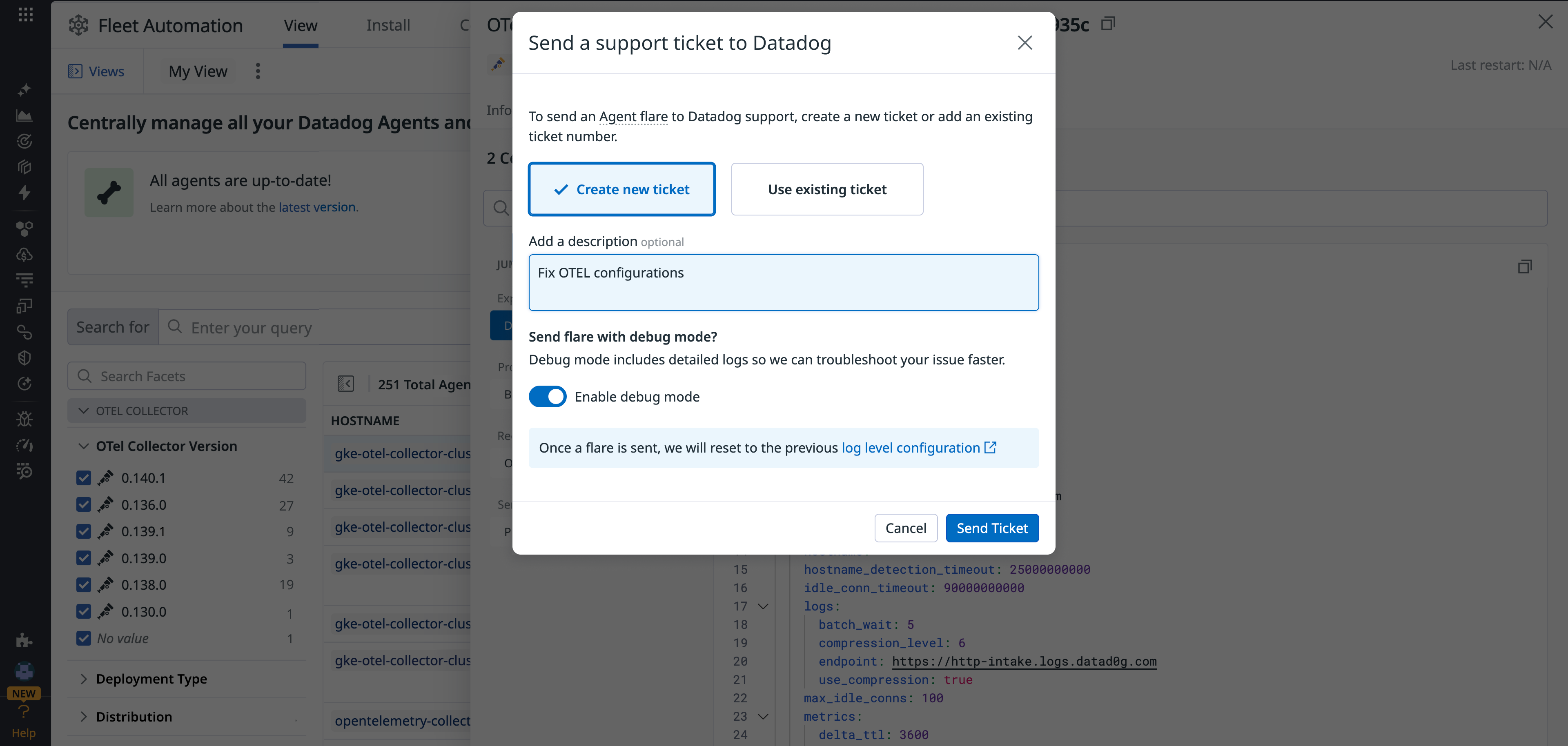Side panel showing the option to send a diagnostic flare for a DDOT collector.