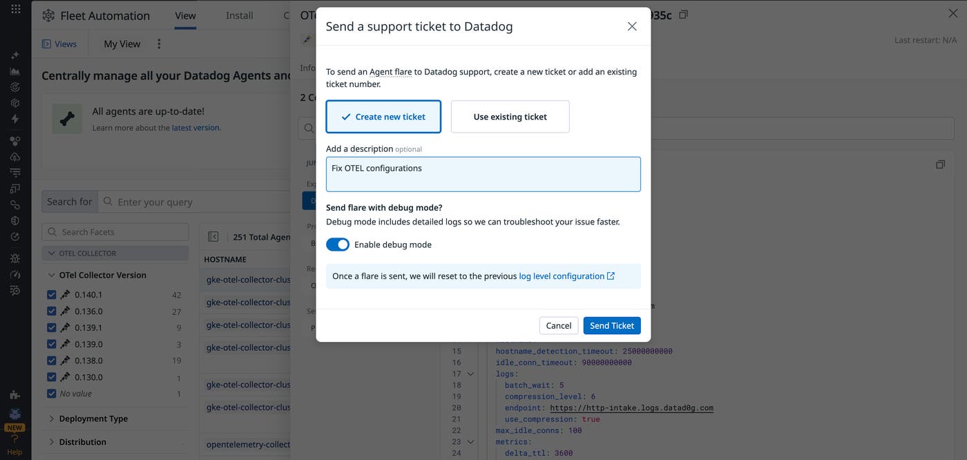 Side panel showing the option to send a diagnostic flare for a DDOT collector. Side panel showing the option to send a diagnostic flare for a DDOT collector.