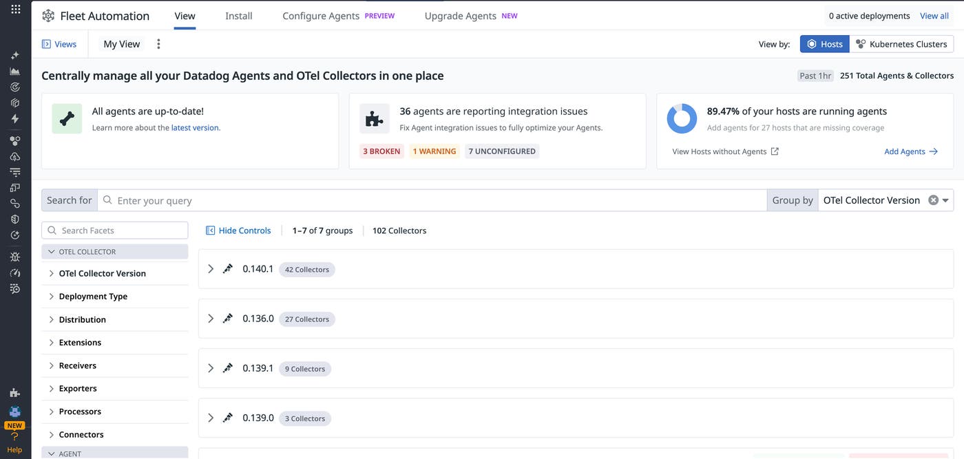 A unified inventory showing OTel collectors grouped by version. A unified inventory showing OTel collectors grouped by version.