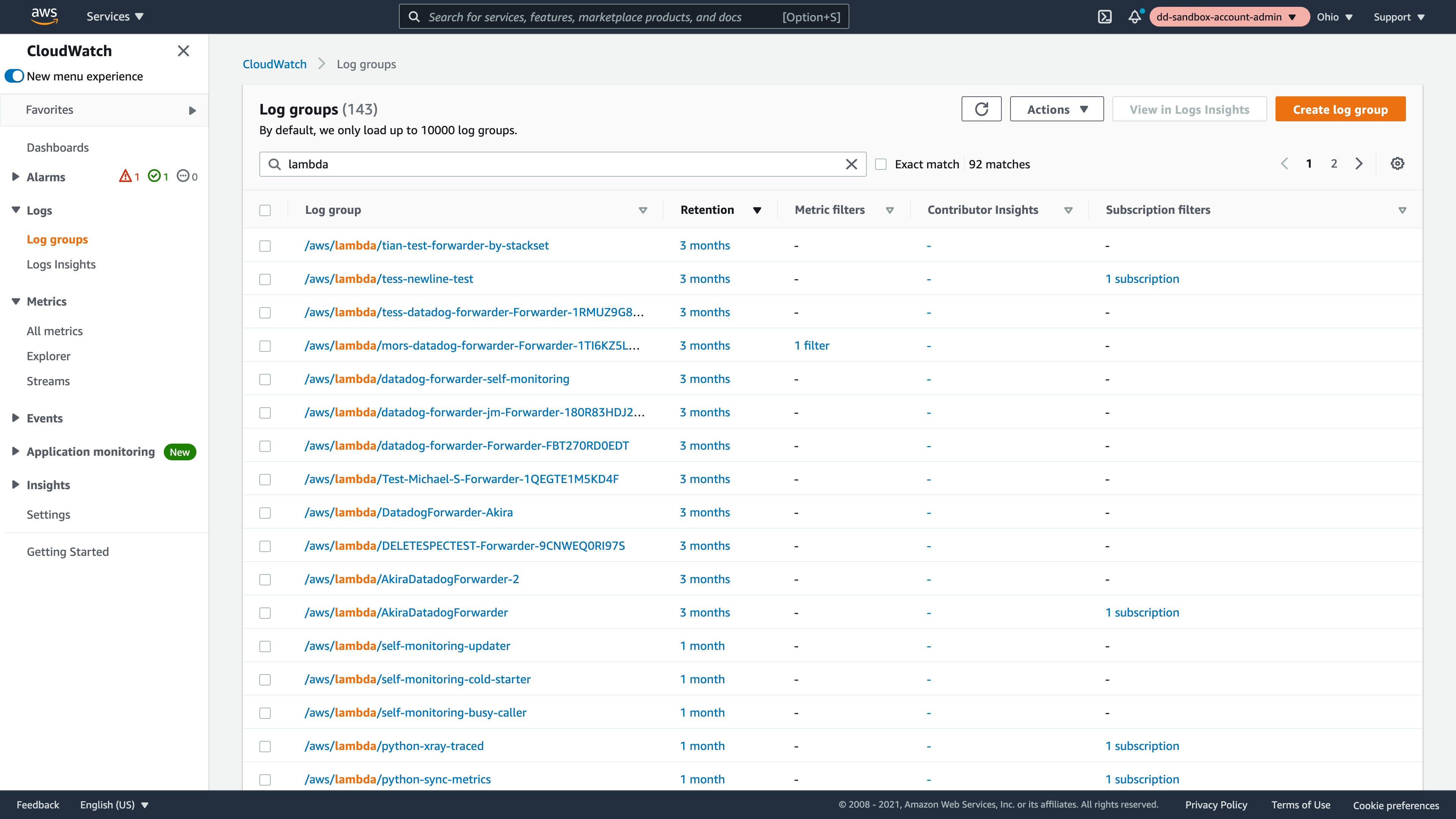 See a list of your Lambda log groups in Amazon CloudWatch