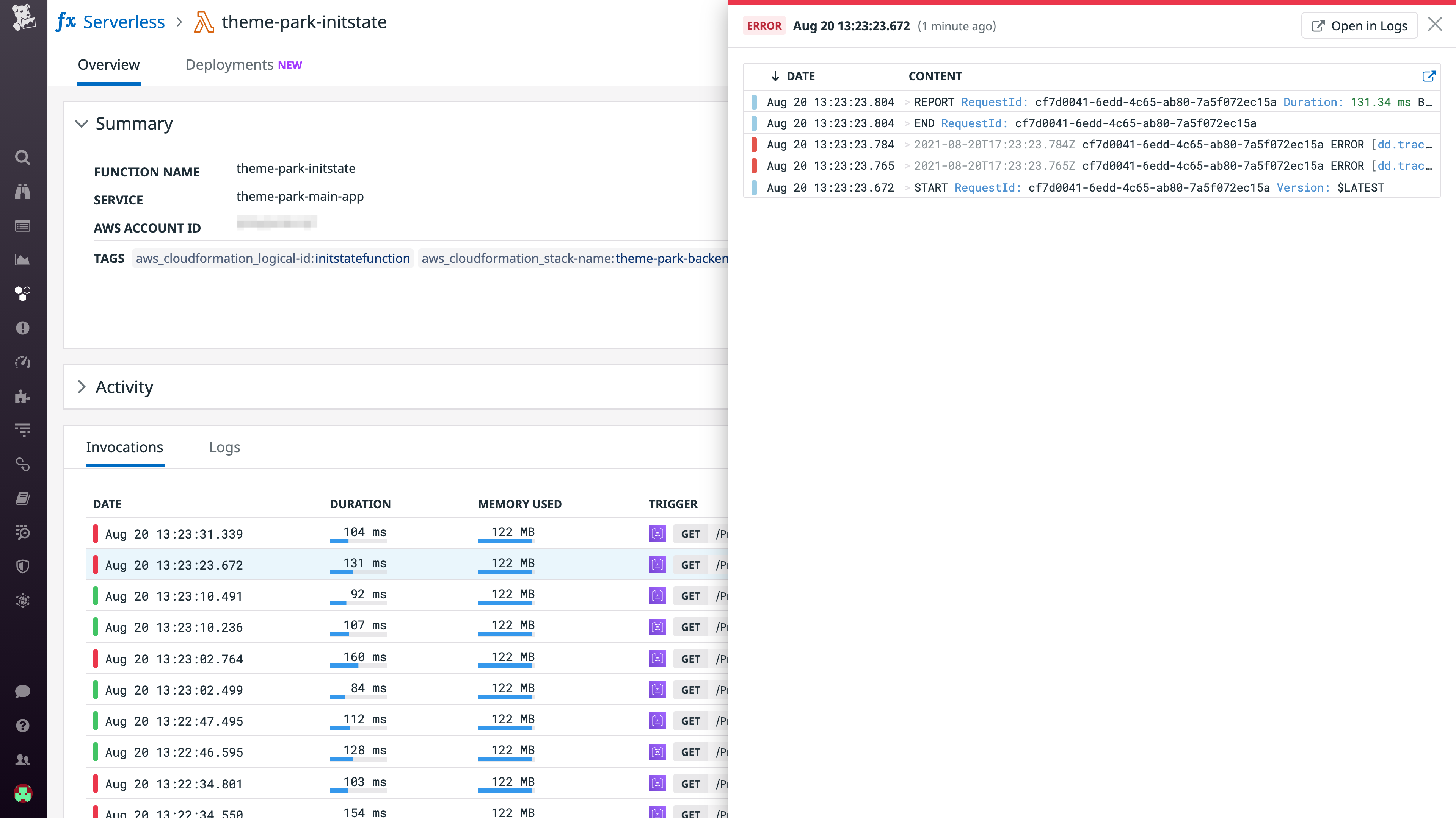 View logs for each function invocation in the Serverless view