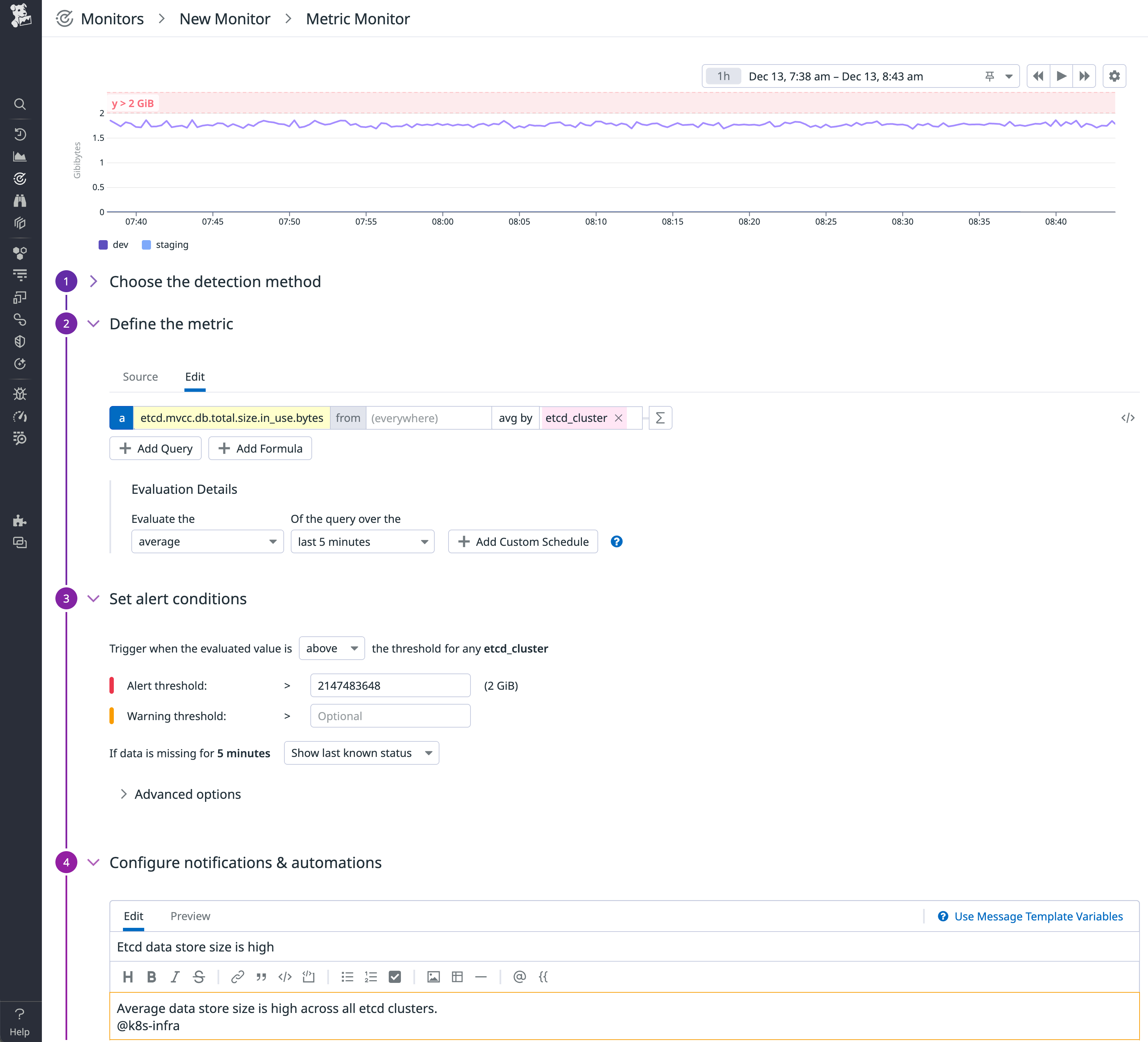 A screenshot of Datadog's new monitor page, defining an alert that triggers if etcd's data store grows above 2 GiB.