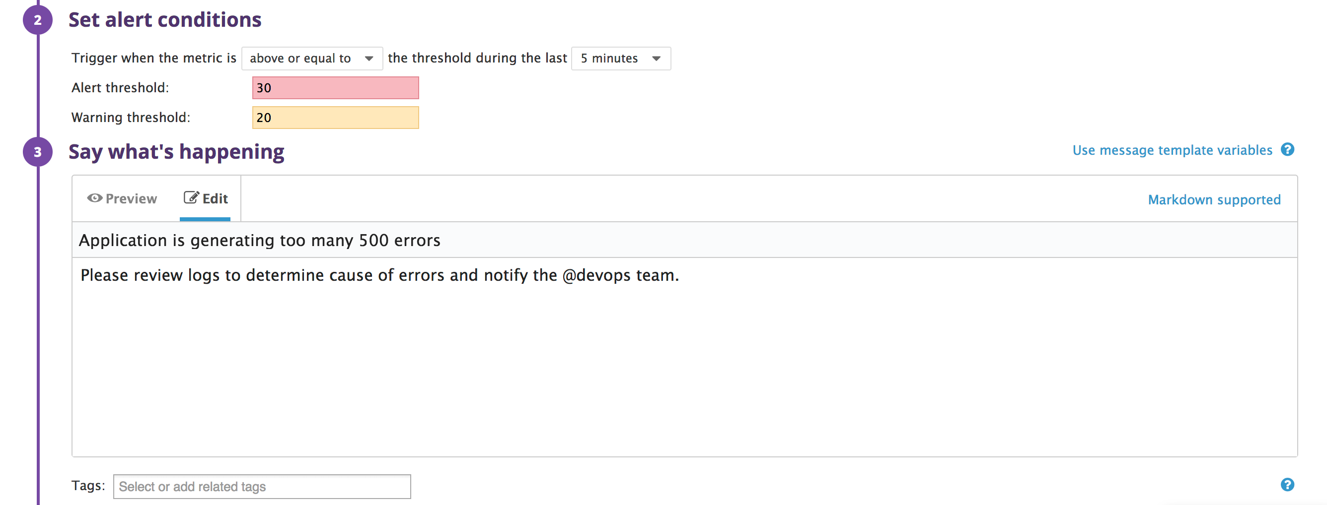 Setting up conditions for alert