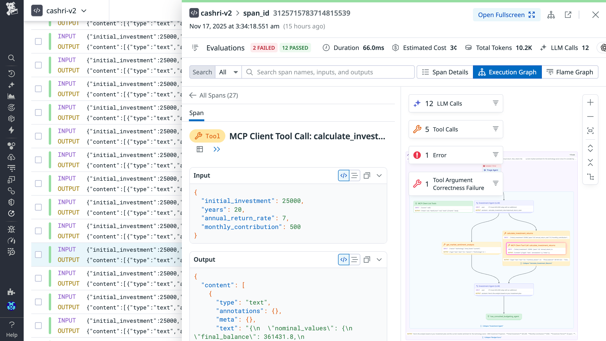 A span details panel shows an MCP client tool call with corresponding input and output. An execution graph on the right shows the full agentic workflow.