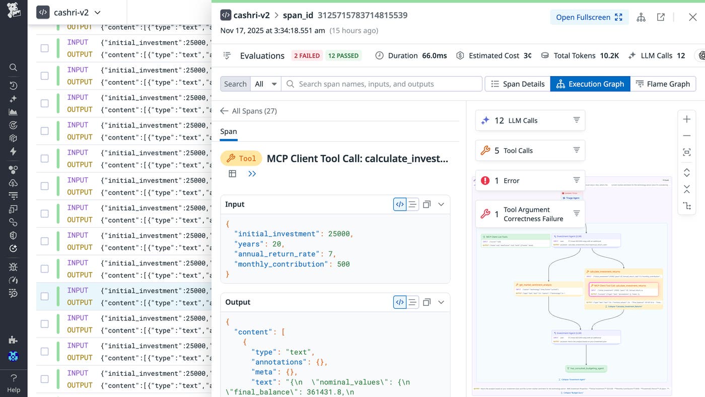 A span details panel shows an MCP client tool call with corresponding input and output. An execution graph on the right shows the full agentic workflow. A span details panel shows an MCP client tool call with corresponding input and output. An execution graph on the right shows the full agentic workflow.