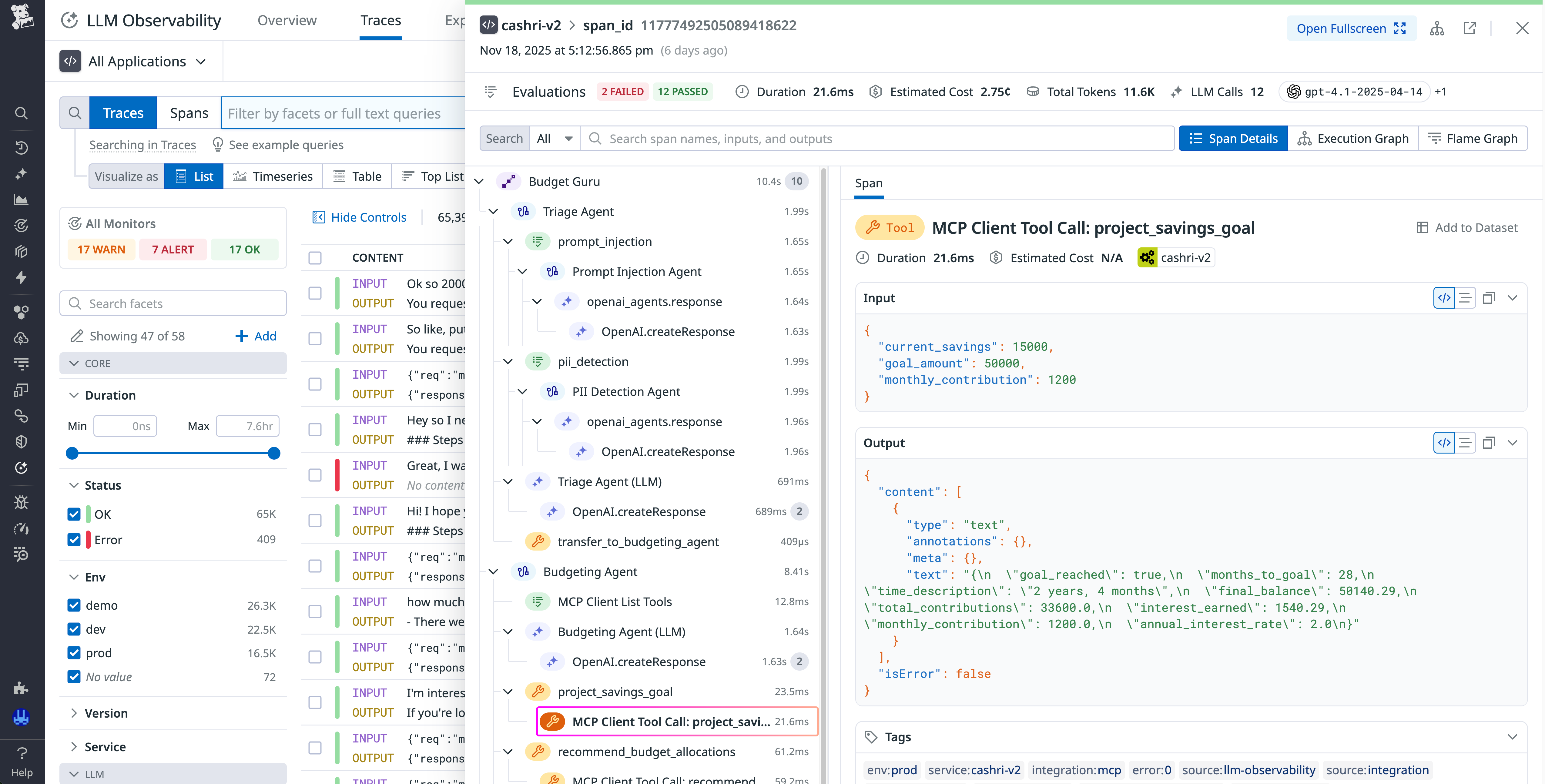 Screenshot of a trace view showing an MCP tool call to an MCP server that the Budget Guru agent is using.